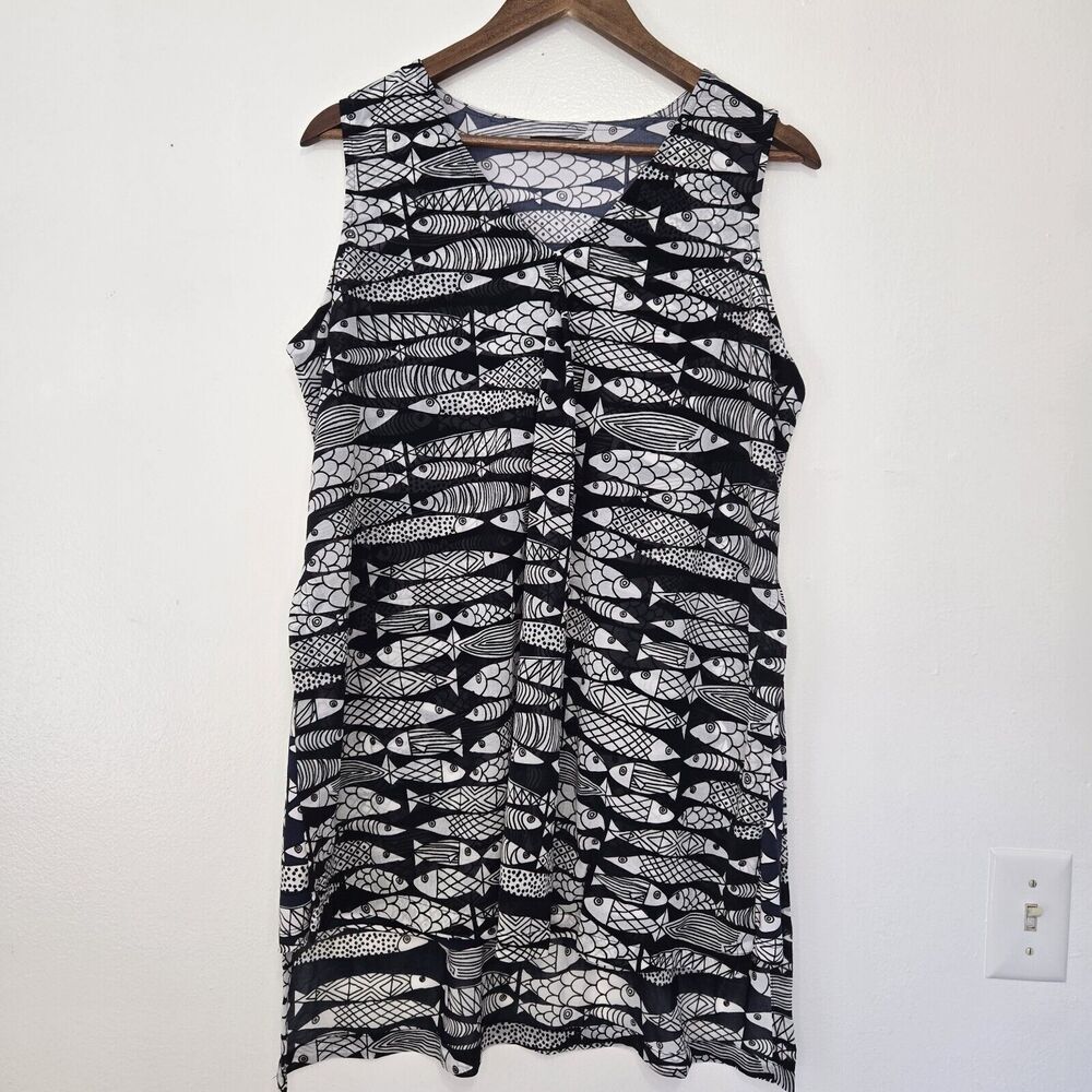 Alfani V-Neck Tank Size Medium Navy Fish All Over Print Hi-Lo Hem Flowy
